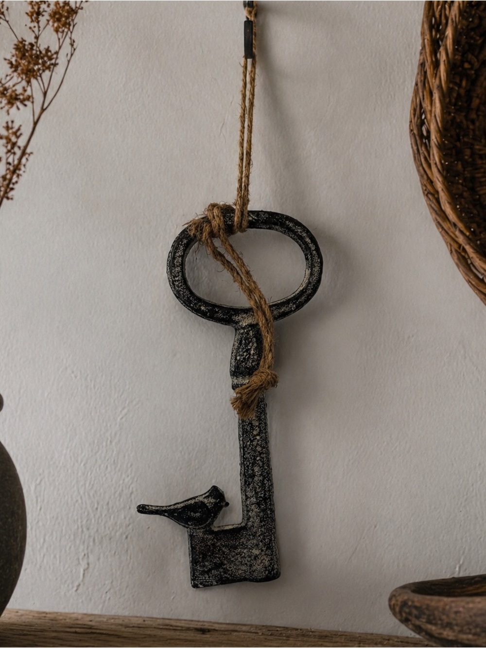 Rustic Cast Iron Key Wall Decor w/ Bird Farmhouse 9”